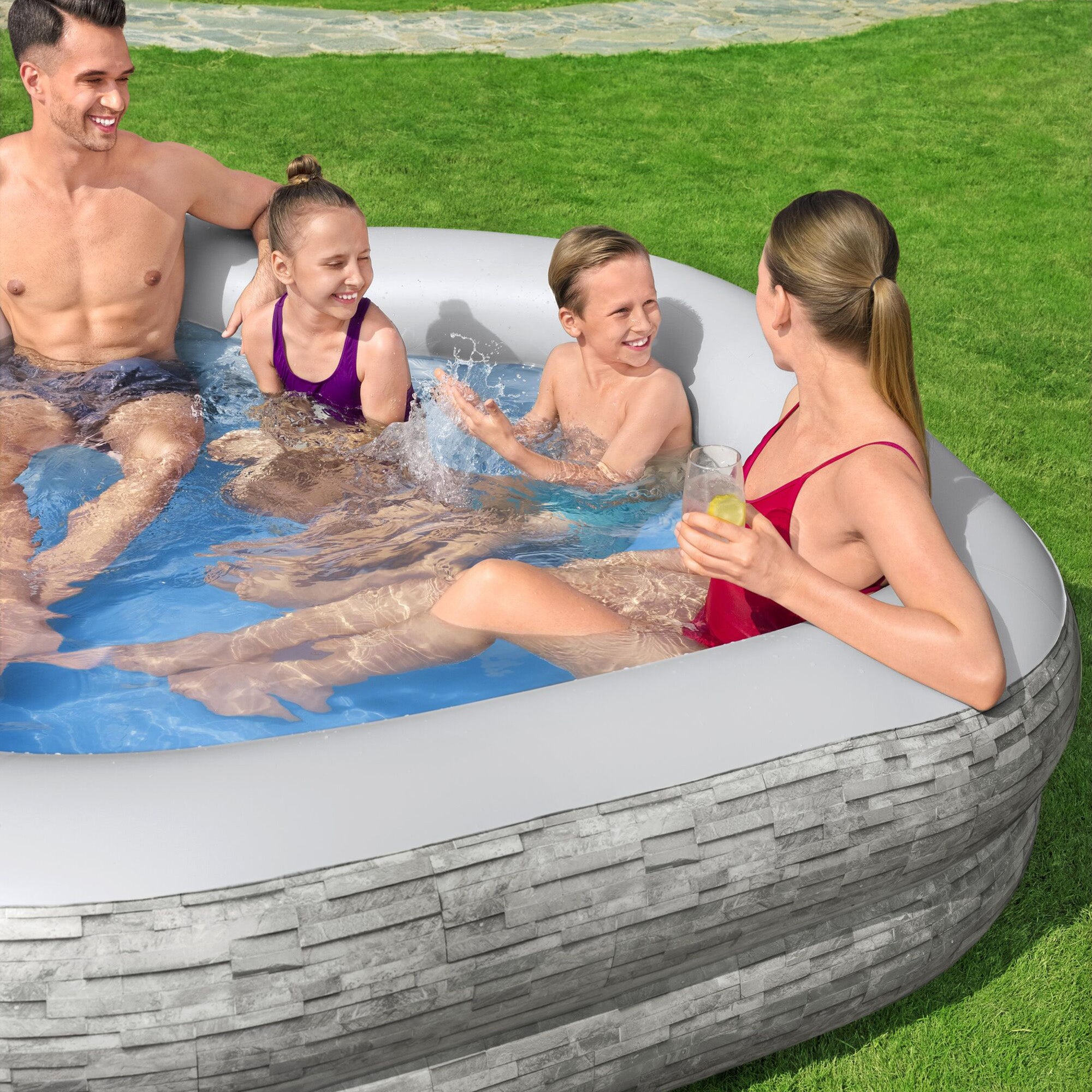 H20GO! TruPrint Stone Inflatable Kiddie Swimming Pool, 7' x 6'9" x 21" (Used) - VMInnovations