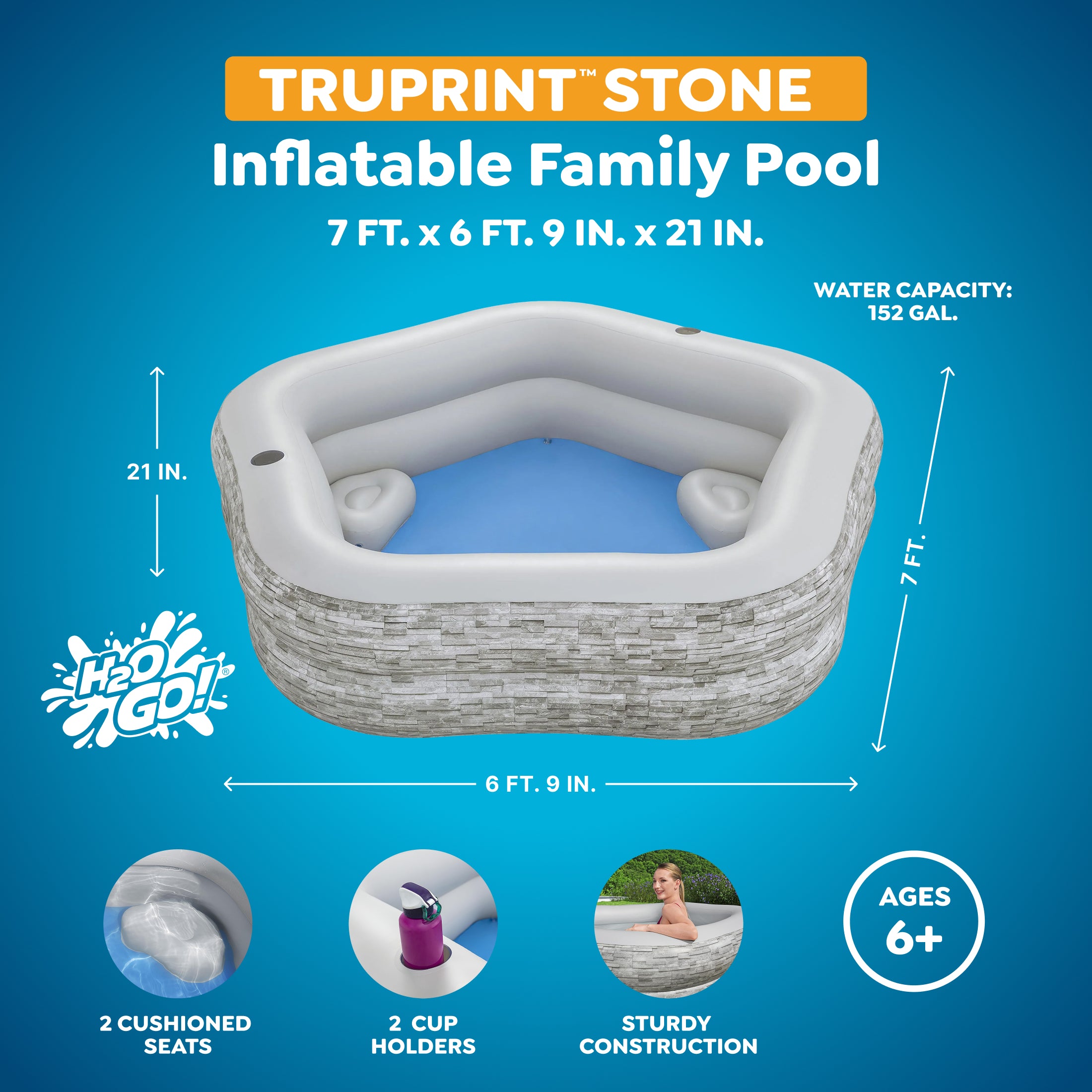 H20GO! TruPrint Stone Inflatable Kiddie Swimming Pool, 7' x 6'9" x 21", Gray