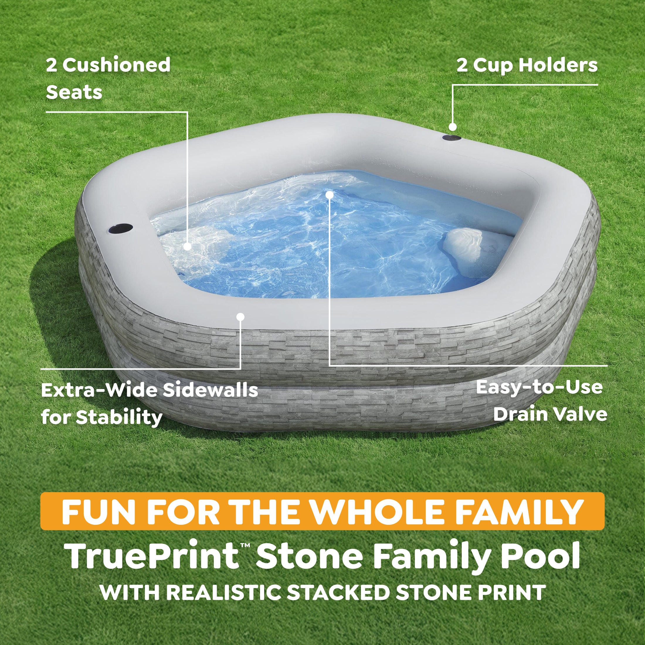 H20GO! TruPrint Stone Inflatable Kiddie Swimming Pool, 7' x 6'9" x 21", Gray