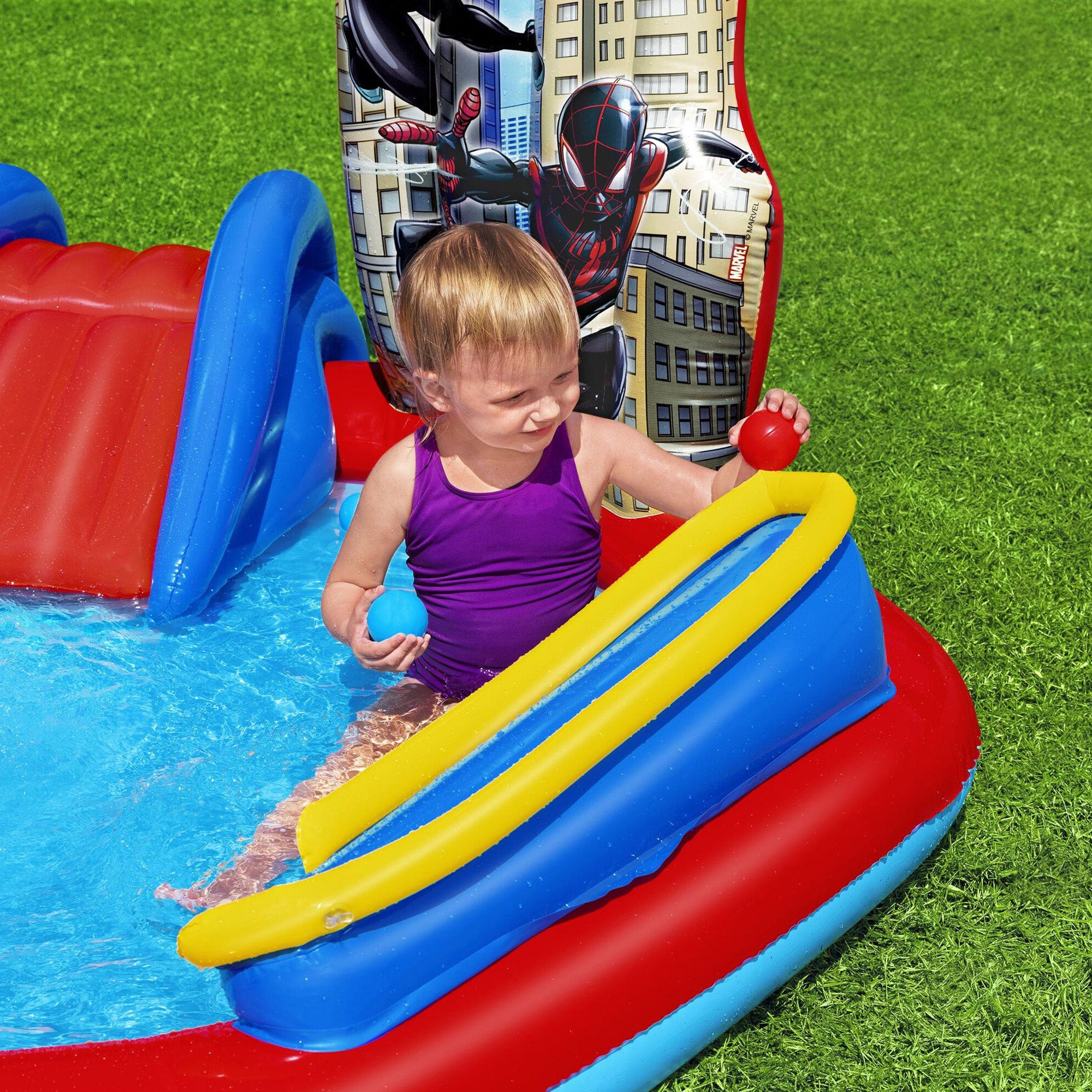 Marvel Spider-Man Inflatable Kids Outdoor Water Play Center w/ Slide (Open Box) - VMInnovations