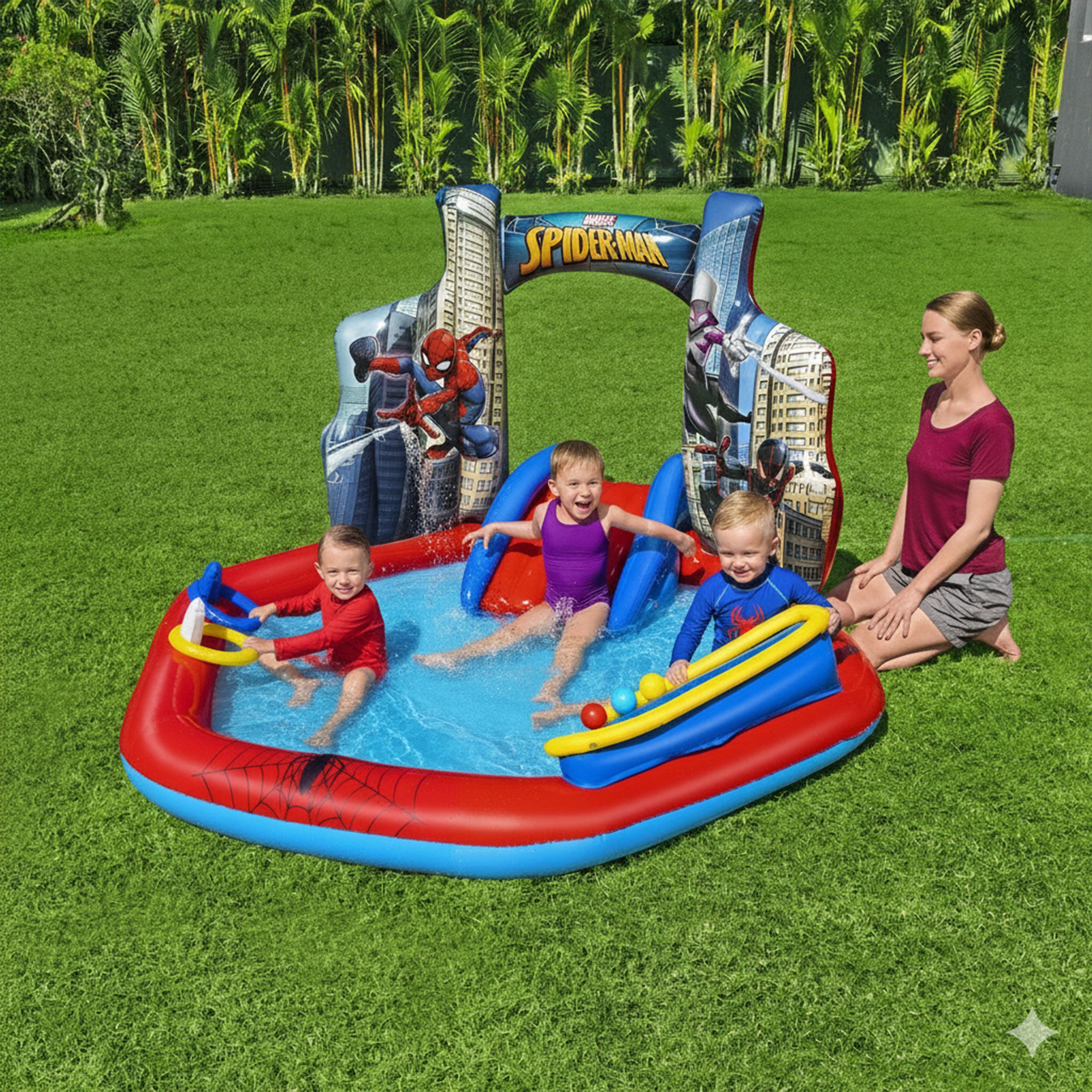 Marvel Spider-Man Inflatable Kids Outdoor Water Play Center and Water Slide - VMInnovations