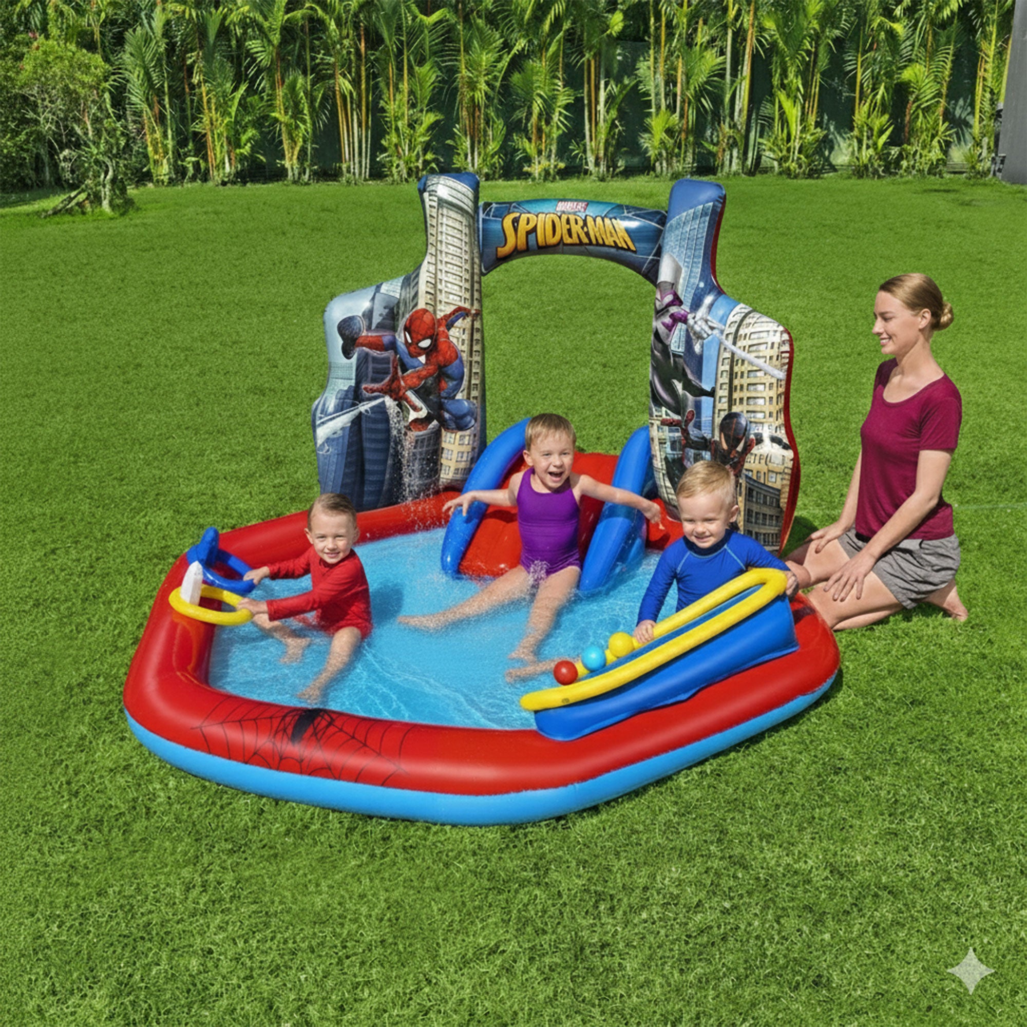 Marvel Spider-Man Inflatable Kids Outdoor Water Play Center w/ Slide (Open Box) - VMInnovations