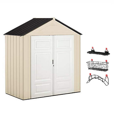 Rubbermaid 7' x 3' Double Wall Plastic Outdoor Storage Shed and Accessories