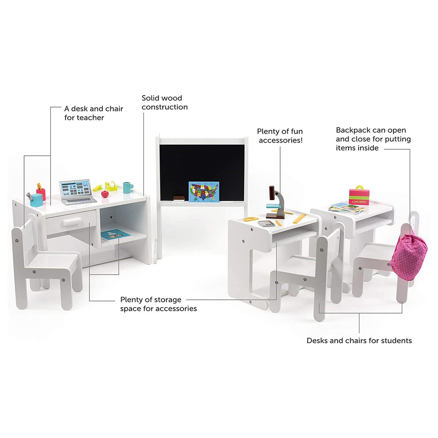 Playtime by Eimmie Wooden Classroom Playset for 18 Inch Dolls (Open Box) - VMInnovations