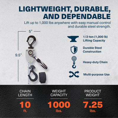 Shop Tuff 1/2 Ton Manual Lever Chain Hoist, 10 Ft Lift Height, Portable, Steel - VMInnovations