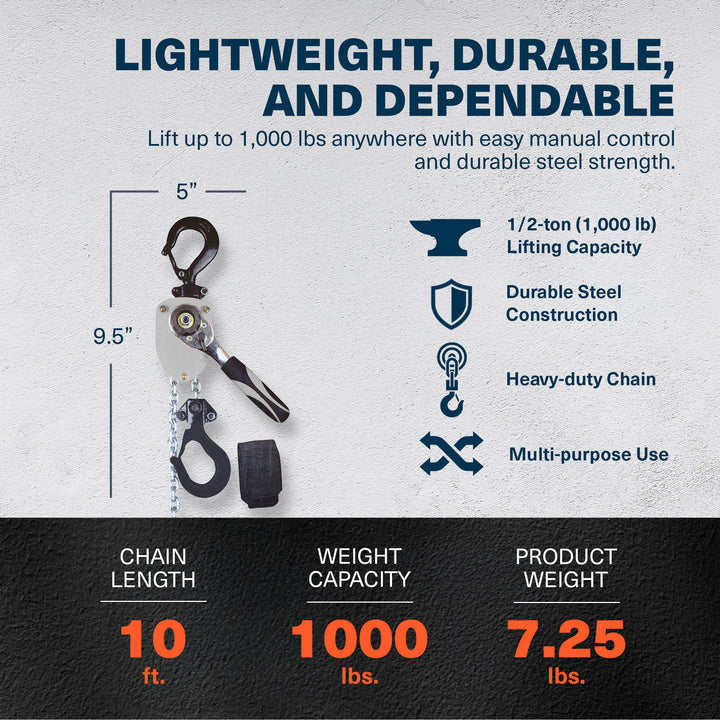 Shop Tuff 1/2 Ton Manual Lever Chain Hoist, 10 Ft Lift Height, Portable, Steel