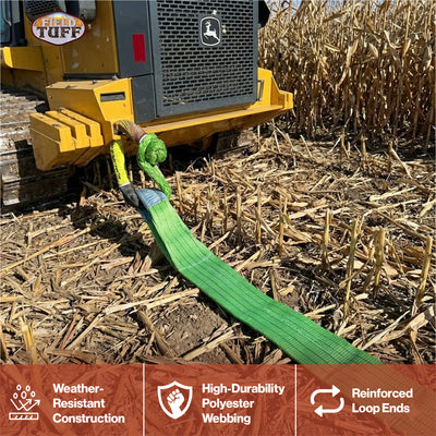 Field Tuff Heavy-Duty Tow Strap with Reinforced Loops, 7" Wide x 30' Long, Green - VMInnovations