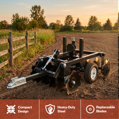 Field Tuff Tow-Behind Disc Harrow for ATVs, UTVs, or Utility Tractors, 33" Wide