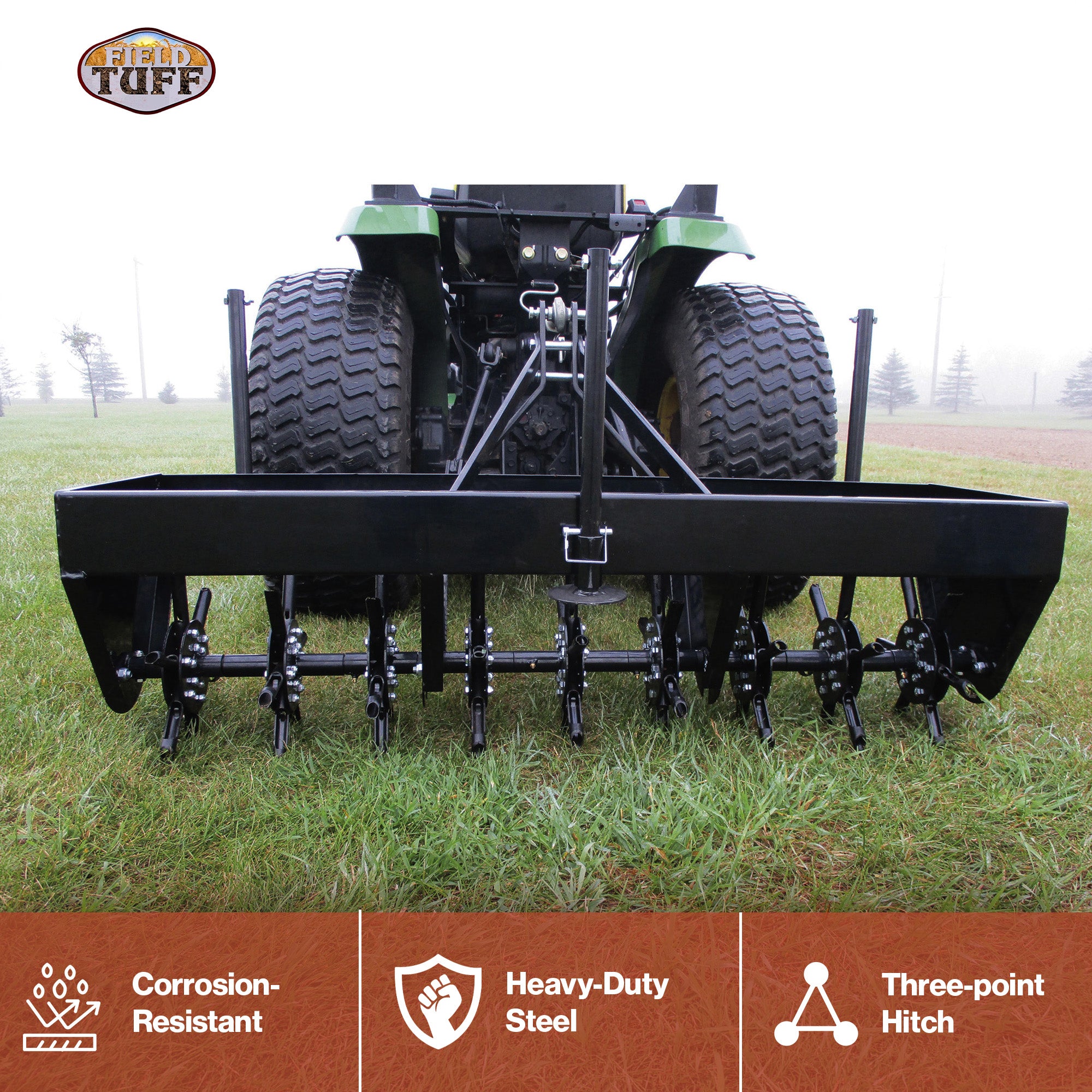 Field Tuff 48" 3-Point Plug Aerator, Heavy-Duty Steel, Cat 0 & 1 Tractors, Black