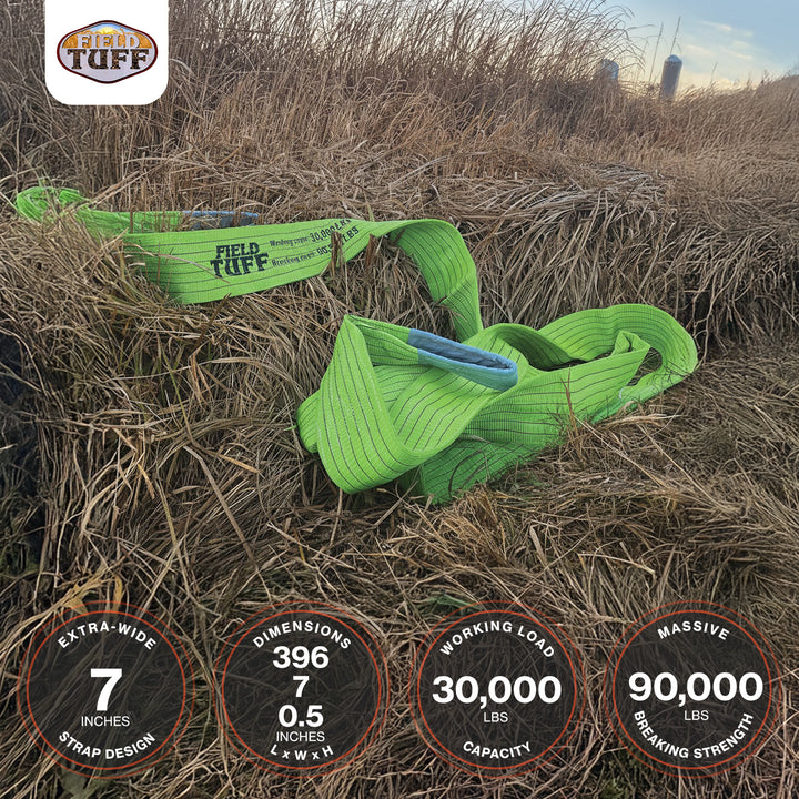 Field Tuff Heavy-Duty Tow Strap with Reinforced Loops, 7" Wide x 30' Long, Green