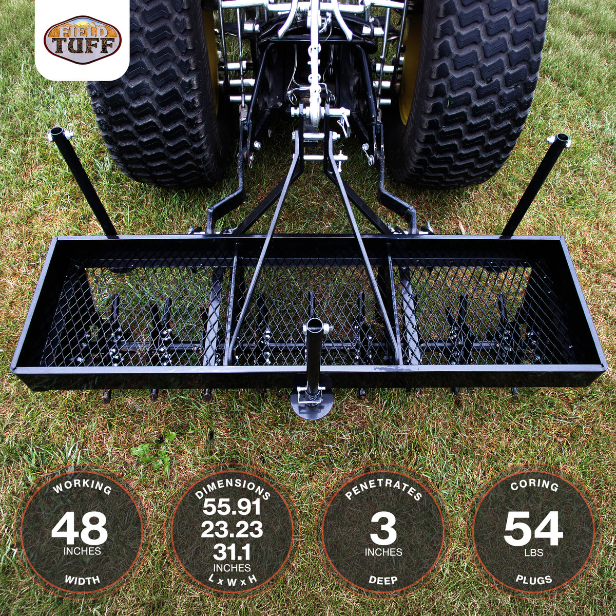 Field Tuff 48" 3-Point Plug Aerator, Heavy-Duty Steel, Cat 0 & 1 Tractors, Black - VMInnovations