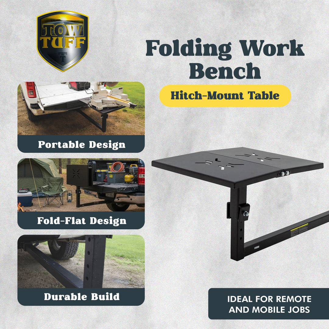 Tow Tuff Folding Work Bench, Heavy-Duty Steel Hitch-Mount Table, 24 x 22 Inch