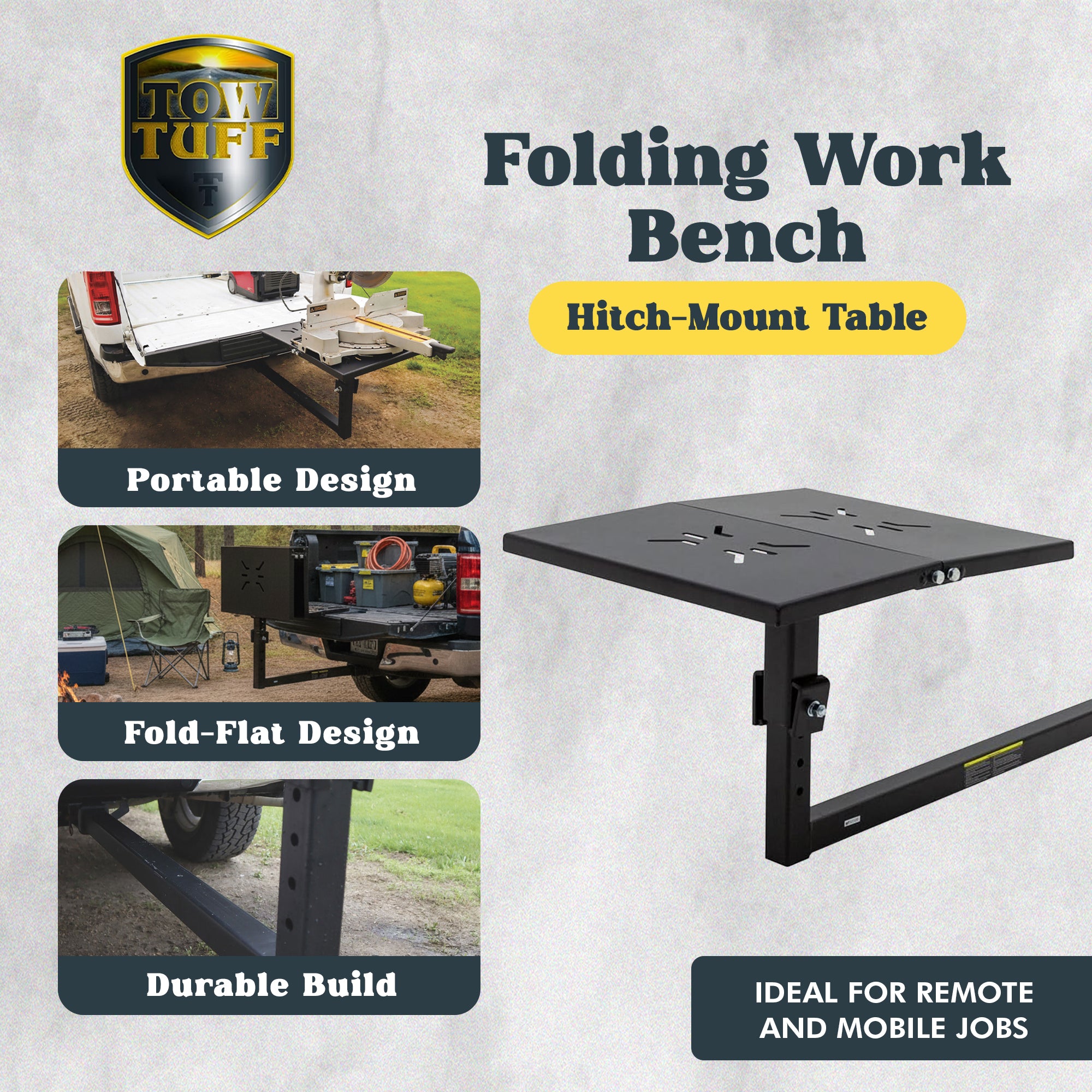 Tow Tuff Folding Work Bench, Heavy-Duty Steel Hitch-Mount Table, 24 x 22 Inch - VMInnovations