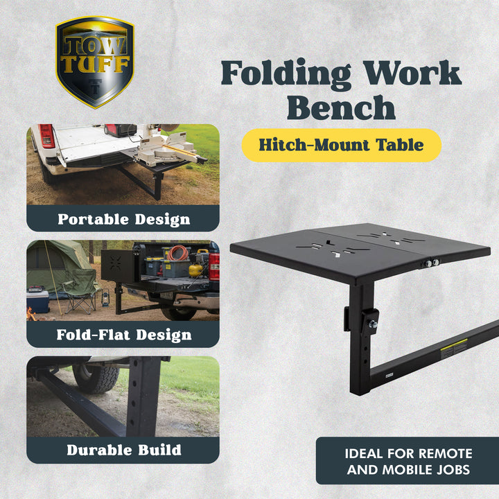 Tow Tuff Folding Work Bench, Heavy-Duty Steel Hitch-Mount Table, 24 x 22 Inch