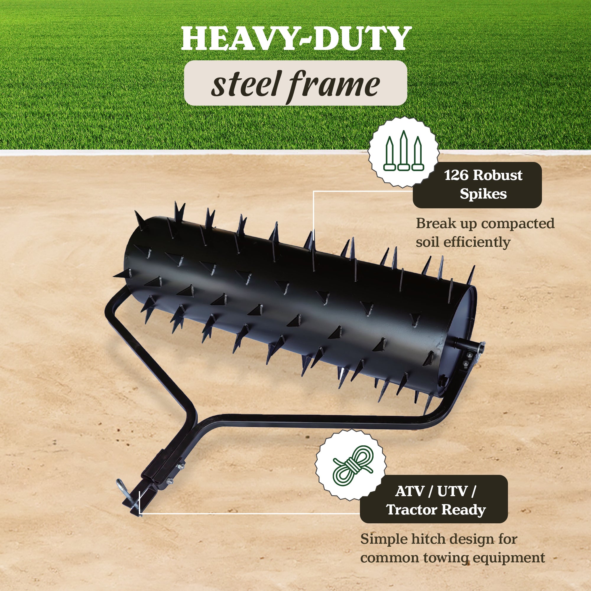 Yard Tuff Drum Spike Aerator, 60 Inch Tow Behind Lawn Roller Attachment, Black - VMInnovations