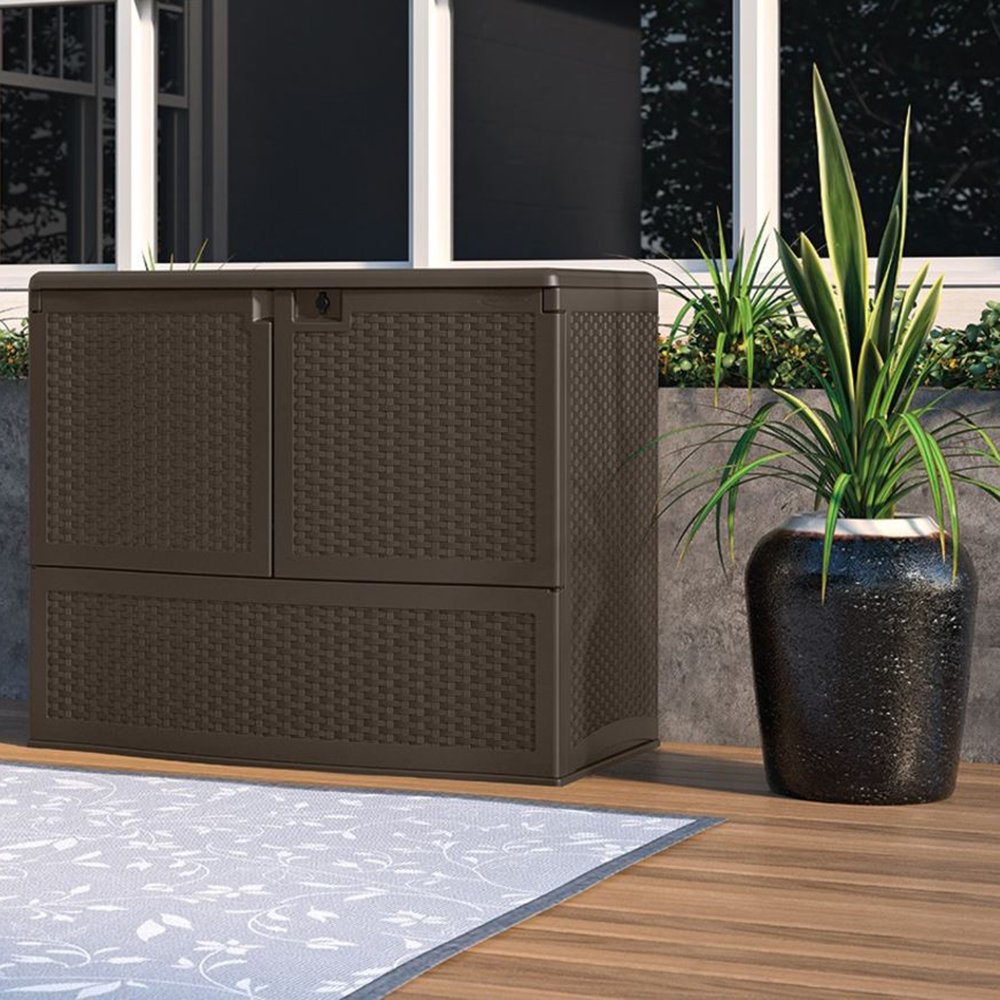 Suncast 195 Gallon Patio Storage &Entertaining Station w/ 33 Gal. Garbage Can - VMInnovations