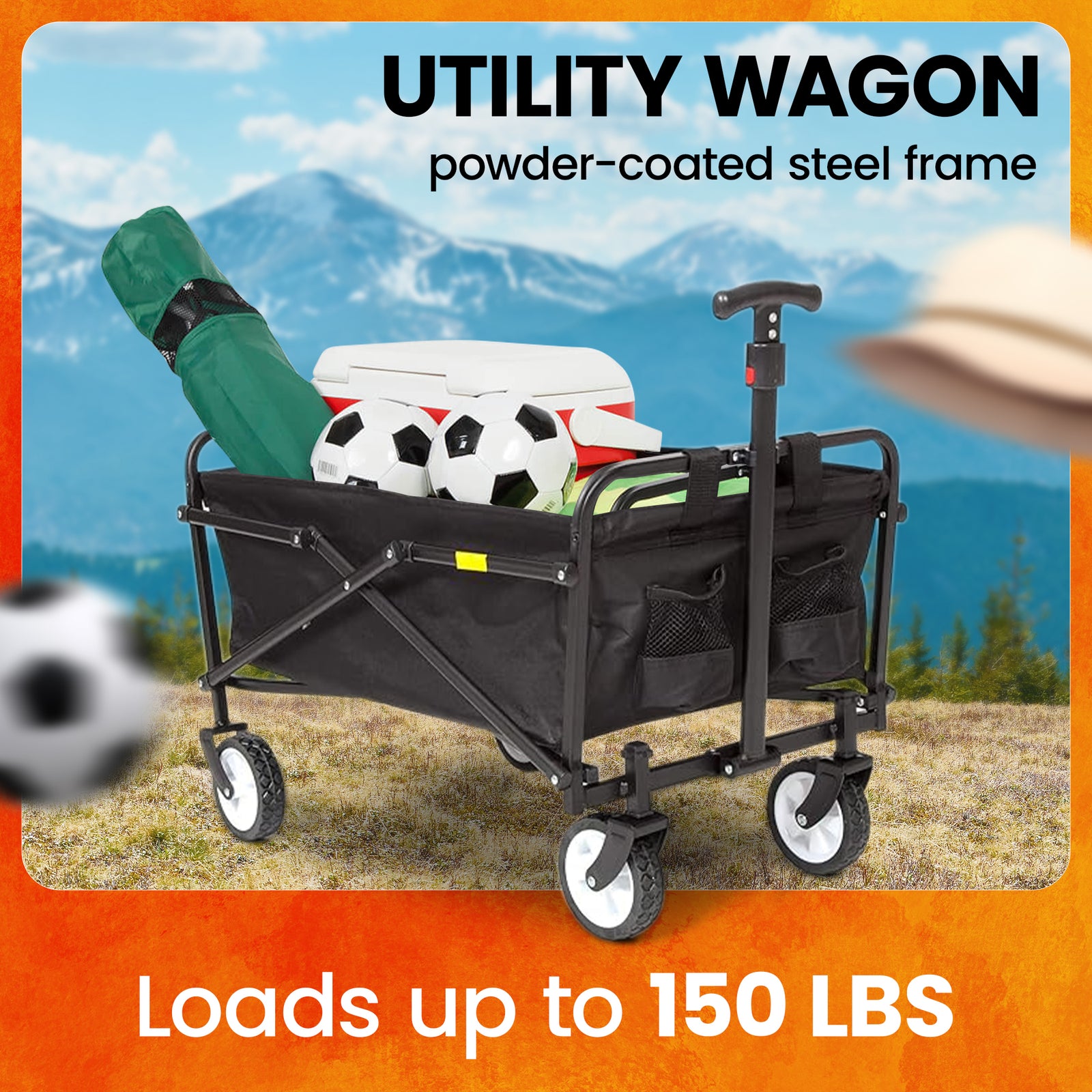 Seina Heavy Duty Compact Collapsible Outdoor Garden Camping Utility Wagon, Black - VMInnovations