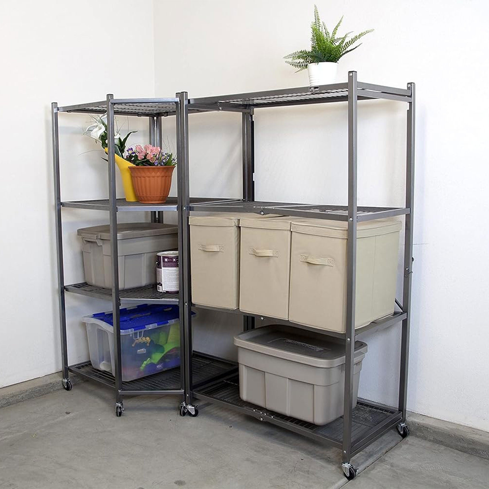 Origami 4 Tier Foldable Corner Shelving w/Wheels for Organization, Pewter (Used) - VMInnovations