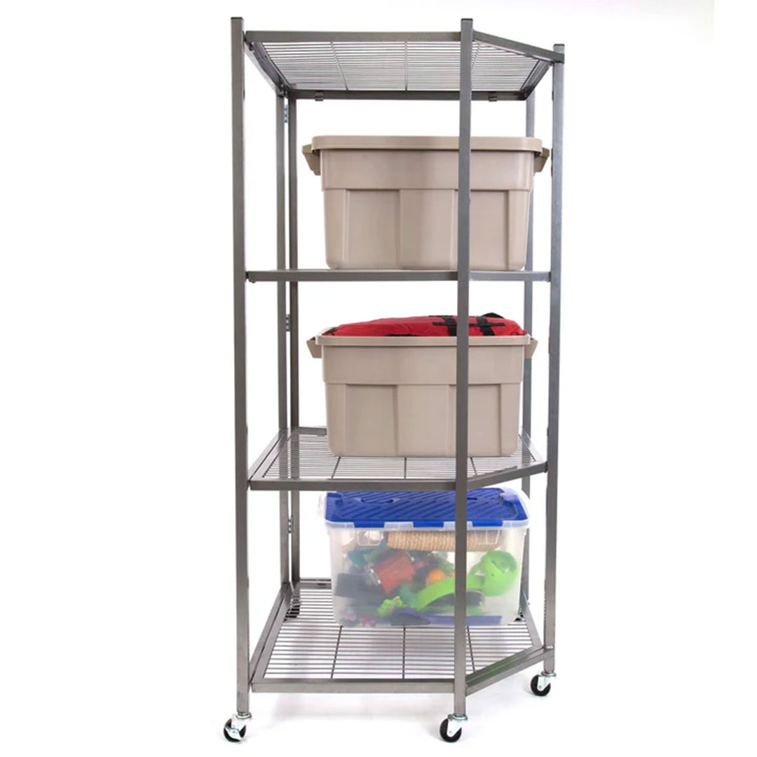 Origami 4 Tier Foldable Corner Shelving w/Wheels for Organization, Pewter (Used)