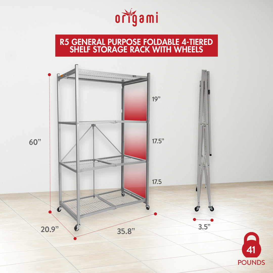 Origami 4 Tier Folding Storage Rack Unit w/ Set of 4 Magnetic Wire Shelf Liners