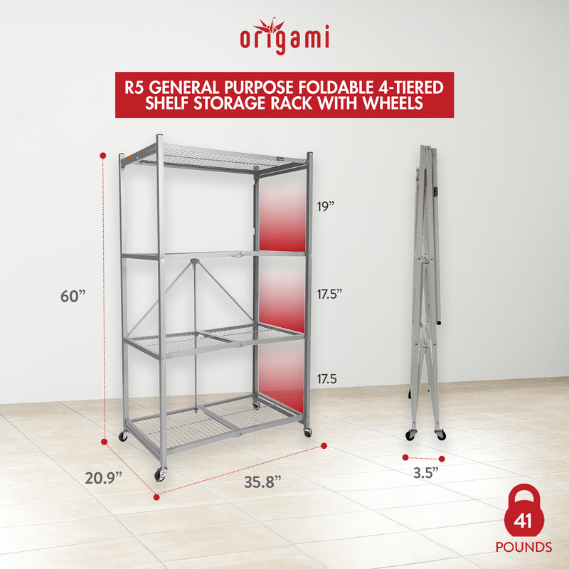 Origami 4 Tier Foldable Heavy Duty Garage Shelving with Wheels for Organization