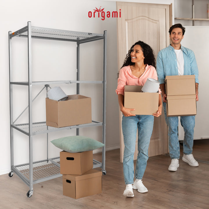 Origami 4 Tier Folding Storage Rack Unit w/ Set of 4 Magnetic Wire Shelf Liners