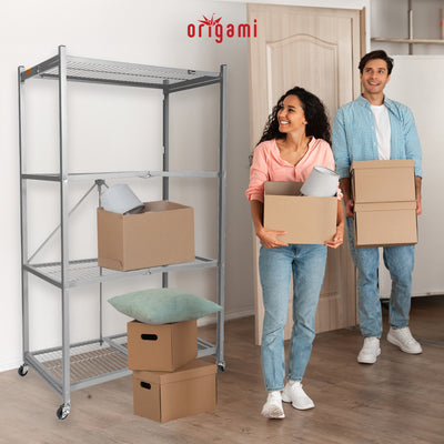 Origami 4 Tier Foldable Heavy Duty Garage Shelving with Wheels for Organization