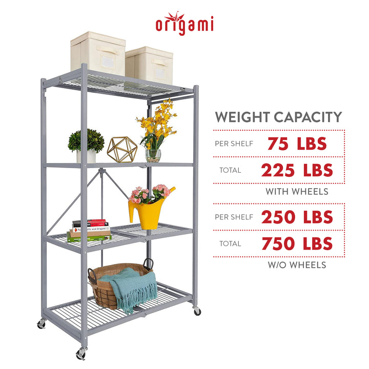 Origami 4 Tier Folding Storage Rack Unit w/ Set of 4 Magnetic Wire Shelf Liners