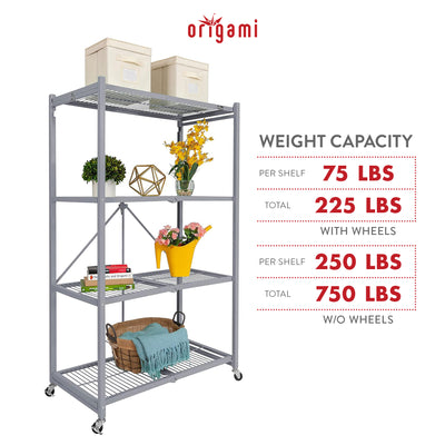 Origami 2-Pack R5-06W 4-Wheel 4-Shelf Folding Steel Wire Shelving Storage, Gray - VMInnovations