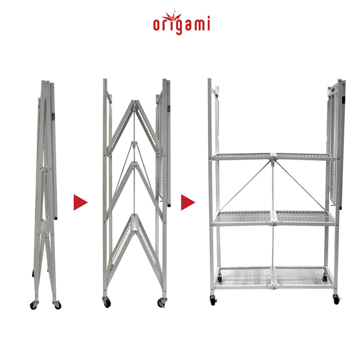 Origami 3-Pack R5-06W 4-Wheel 4-Shelf Folding Steel Wire Shelving Storage, Gray