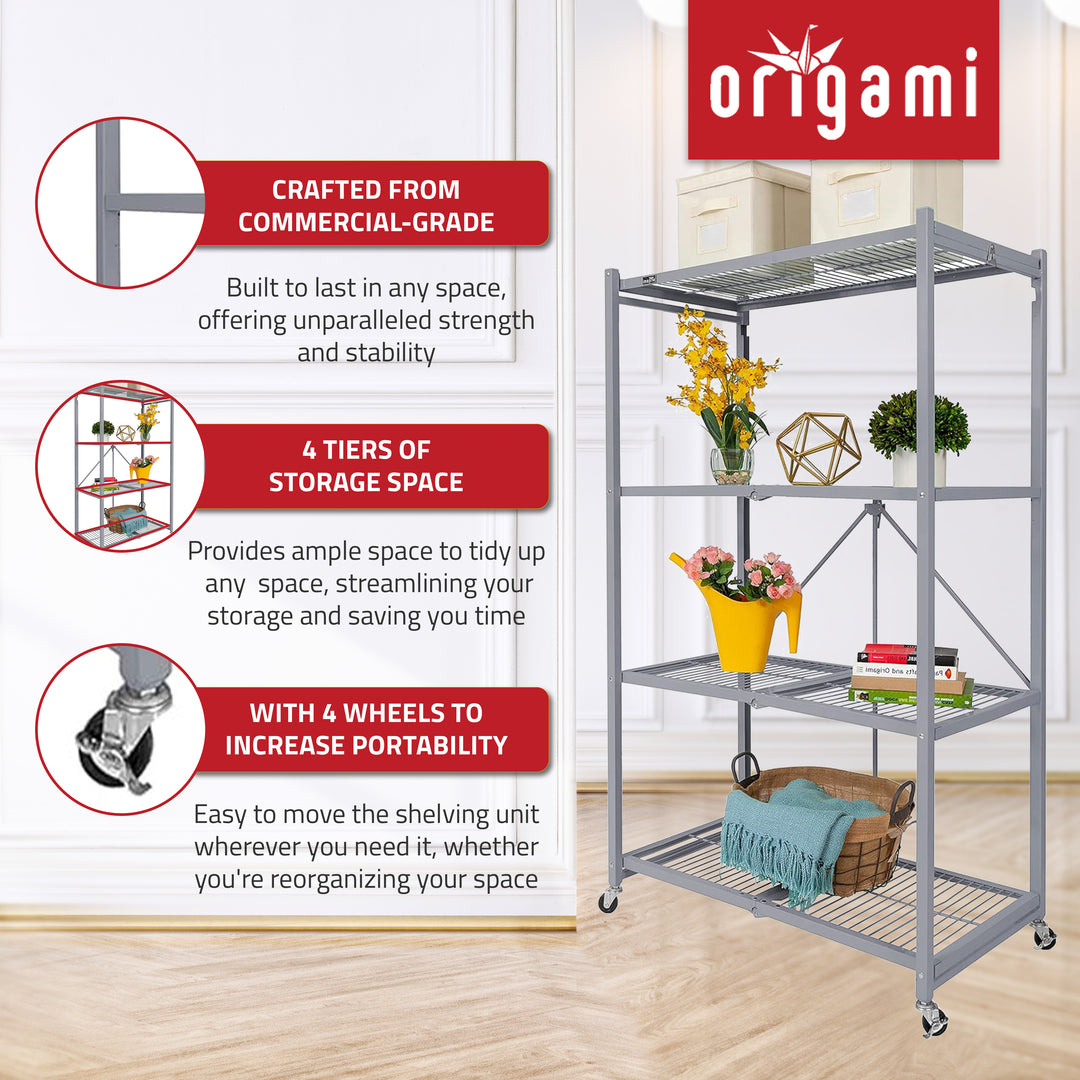 Origami 3-Pack R5-06W 4-Wheel 4-Shelf Folding Steel Wire Shelving Storage, Gray - VMInnovations