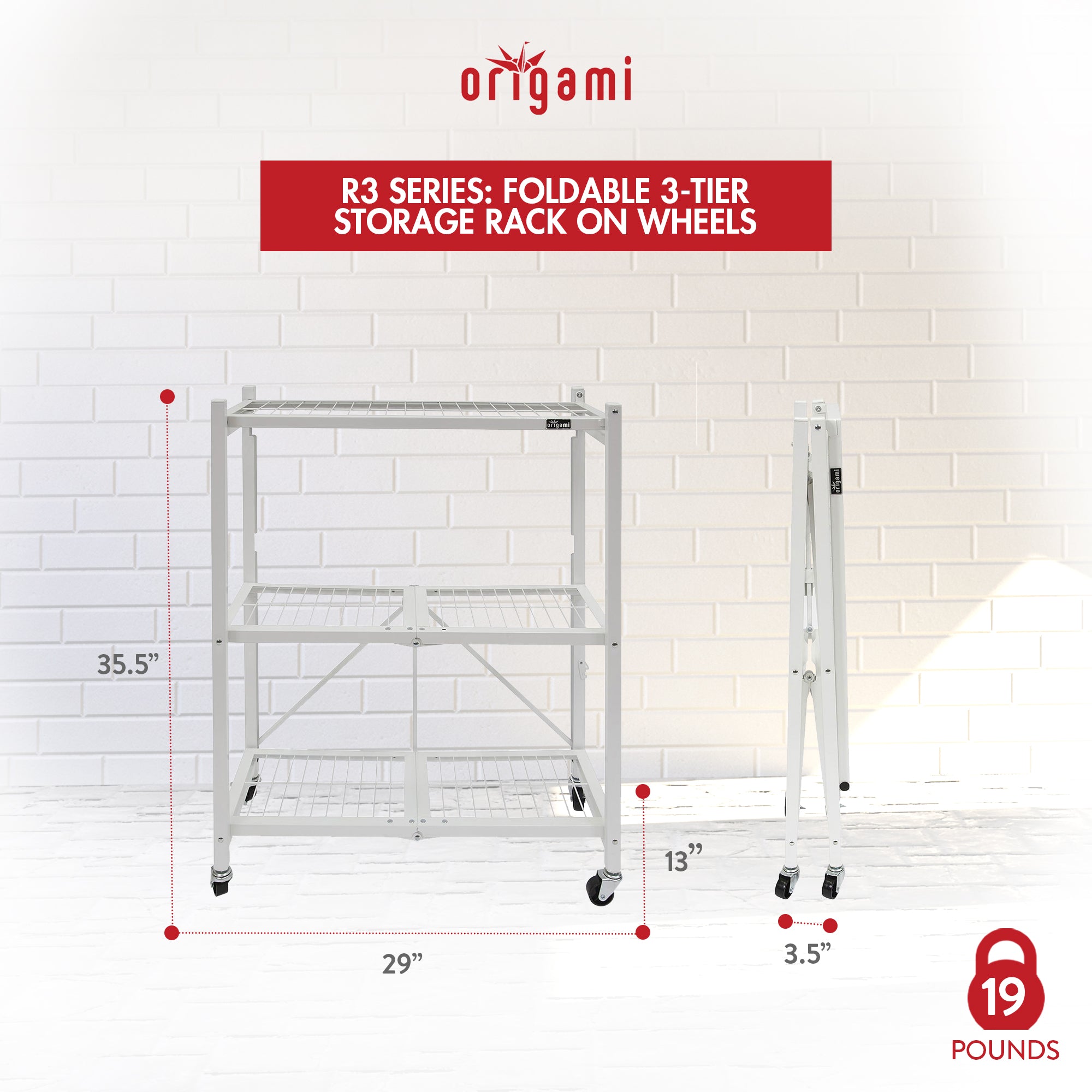 Origami R3 3 Tier Heavy Duty Foldable Rolling Garage Shelving with Wheels, White - VMInnovations