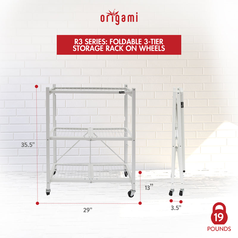 Origami R3 3 Tier Heavy Duty Foldable Rolling Garage Shelving with Wheels, White