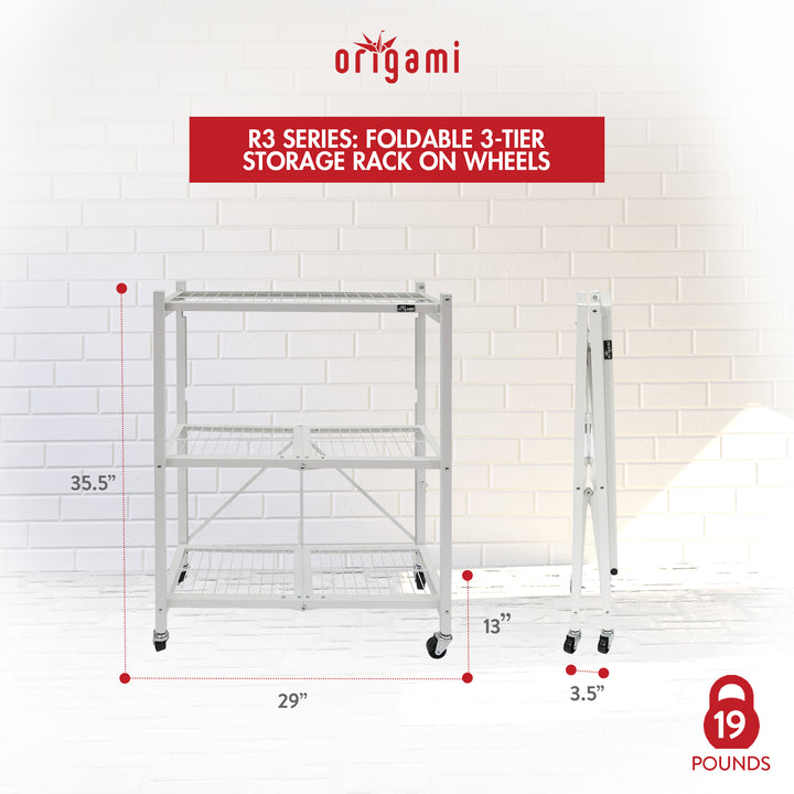 Origami R3 3 Tier Heavy Duty Foldable Rolling Shelving , White (Open Box)