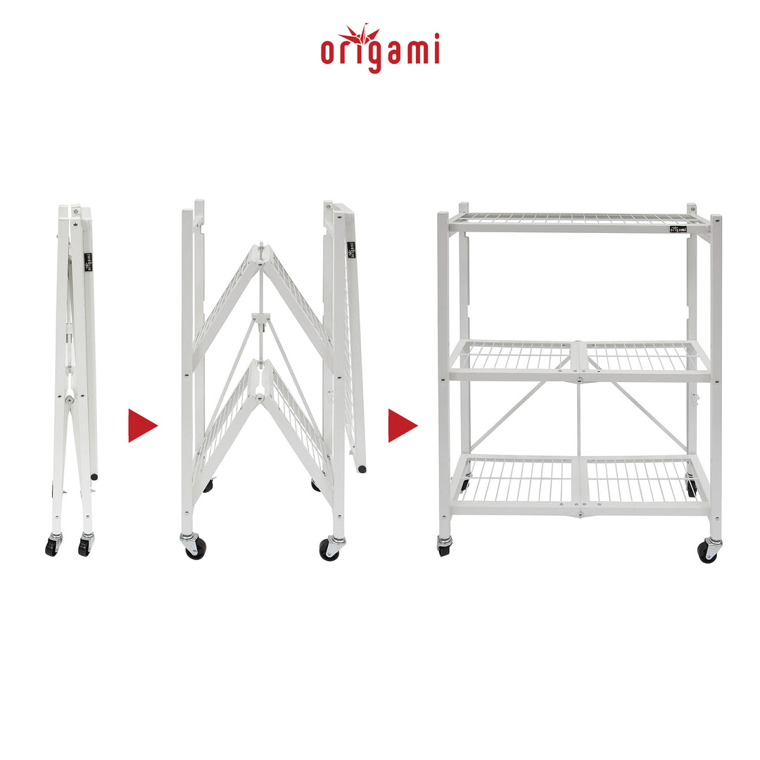 Origami R3 3 Tier Heavy Duty Foldable Rolling Garage Shelving with Wheels, White