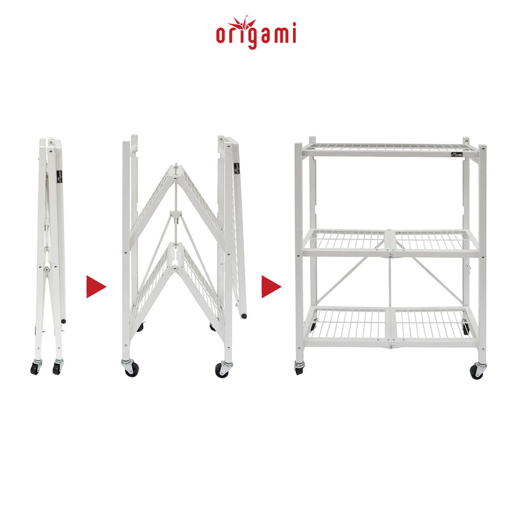 Origami R3 3 Tier Heavy Duty Foldable Rolling Shelving , White (Open Box)