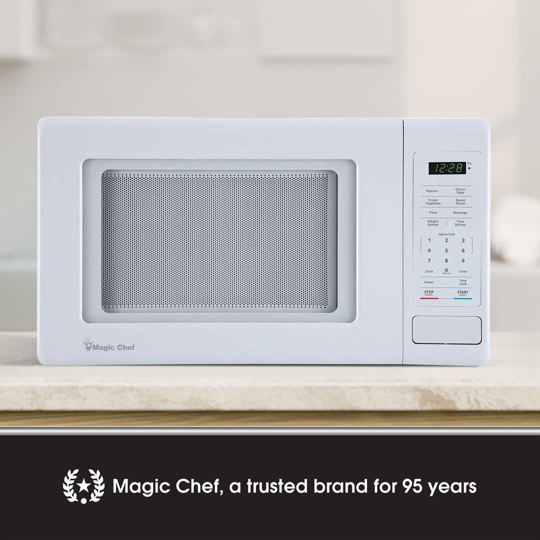 Magic Chef 0.9 Cubic Feet 900W Small Stainless Countertop Microwave Oven, White