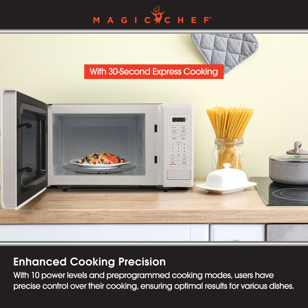 Magic Chef 0.9 Cubic Feet 900W Small Stainless Countertop Microwave Oven, White