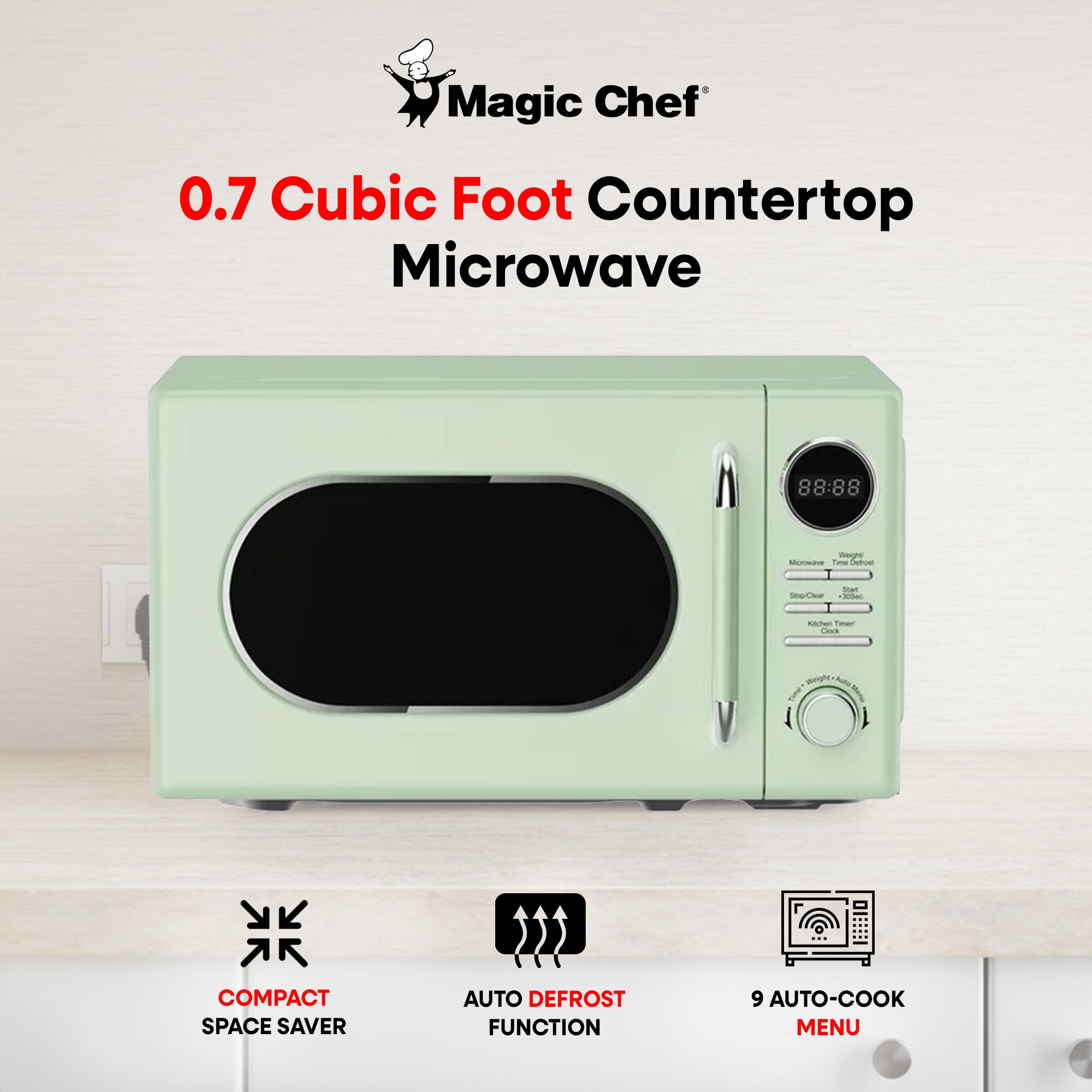 Magic Chef 0.7 Cubic Feet 700 Watt Classic Retro Microwave, Green (Open Box)