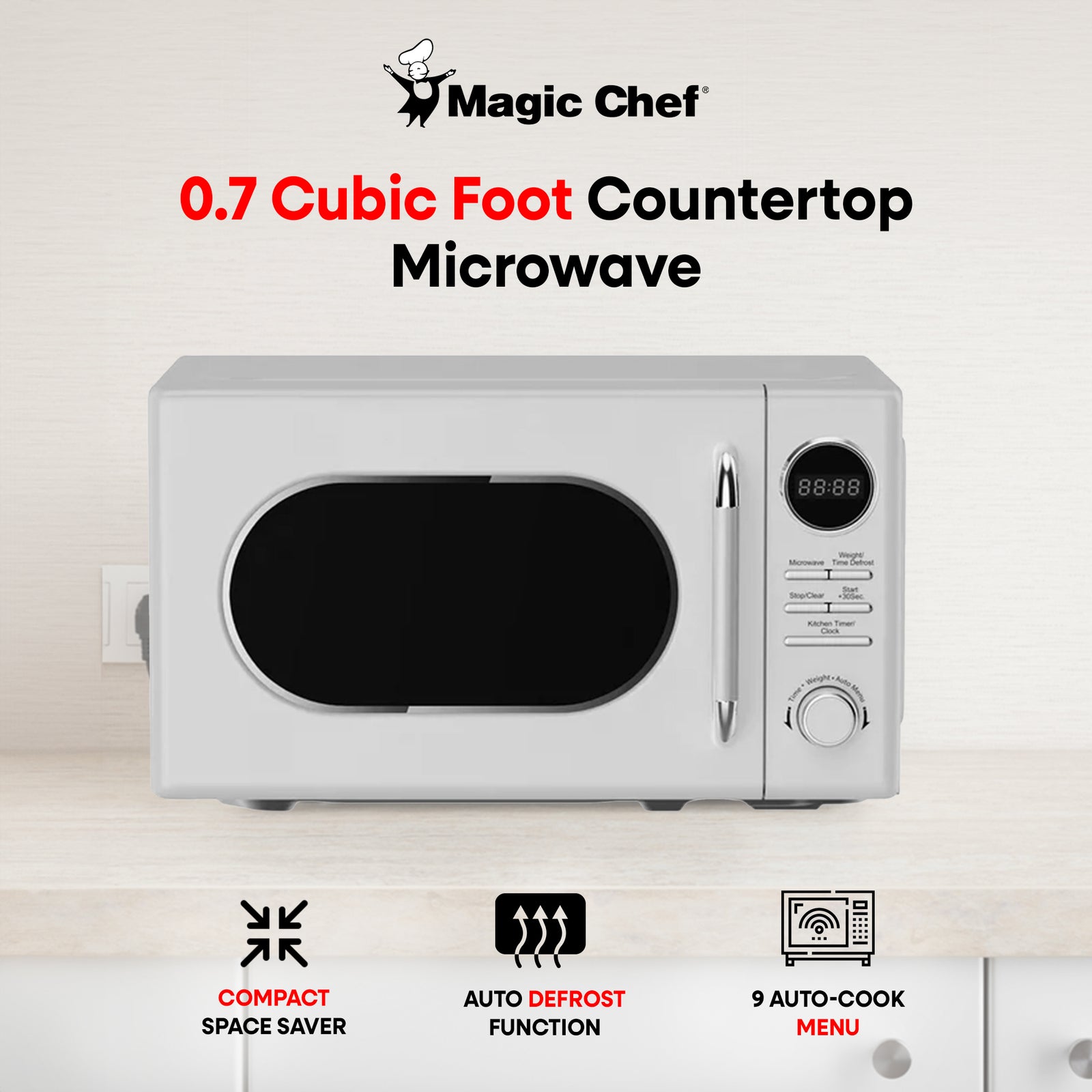 Magic Chef 0.7 Cubic Feet 700W Small Classic Retro Countertop Microwave, White - VMInnovations
