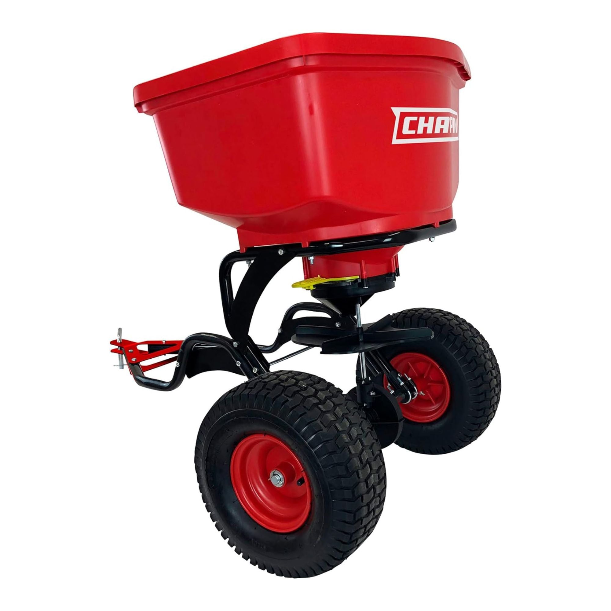 Chapin Tow Behind Spreader, Trailer Hitch with Auto-Stop, 150 lb Capacity, Red - VMInnovations