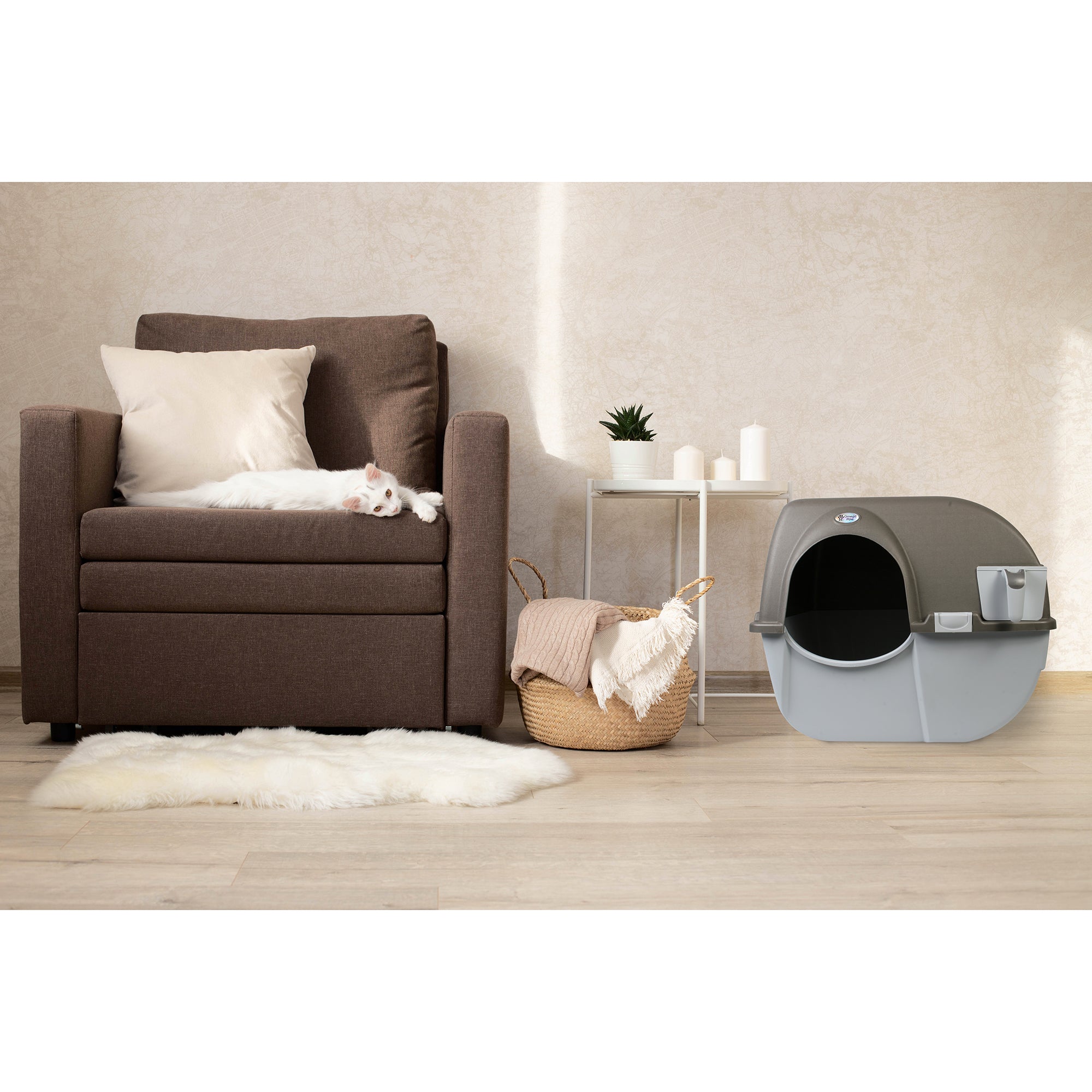 Omega Paw Roll 'n Clean Self Cleaning Cat Litter Box with Tray, Regular, Taupe - VMInnovations