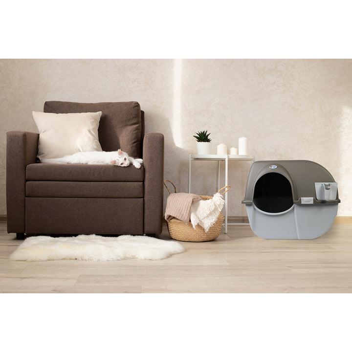 Omega Paw Roll 'n Clean Self Cleaning Cat Litter Box with Tray, Regular, Taupe