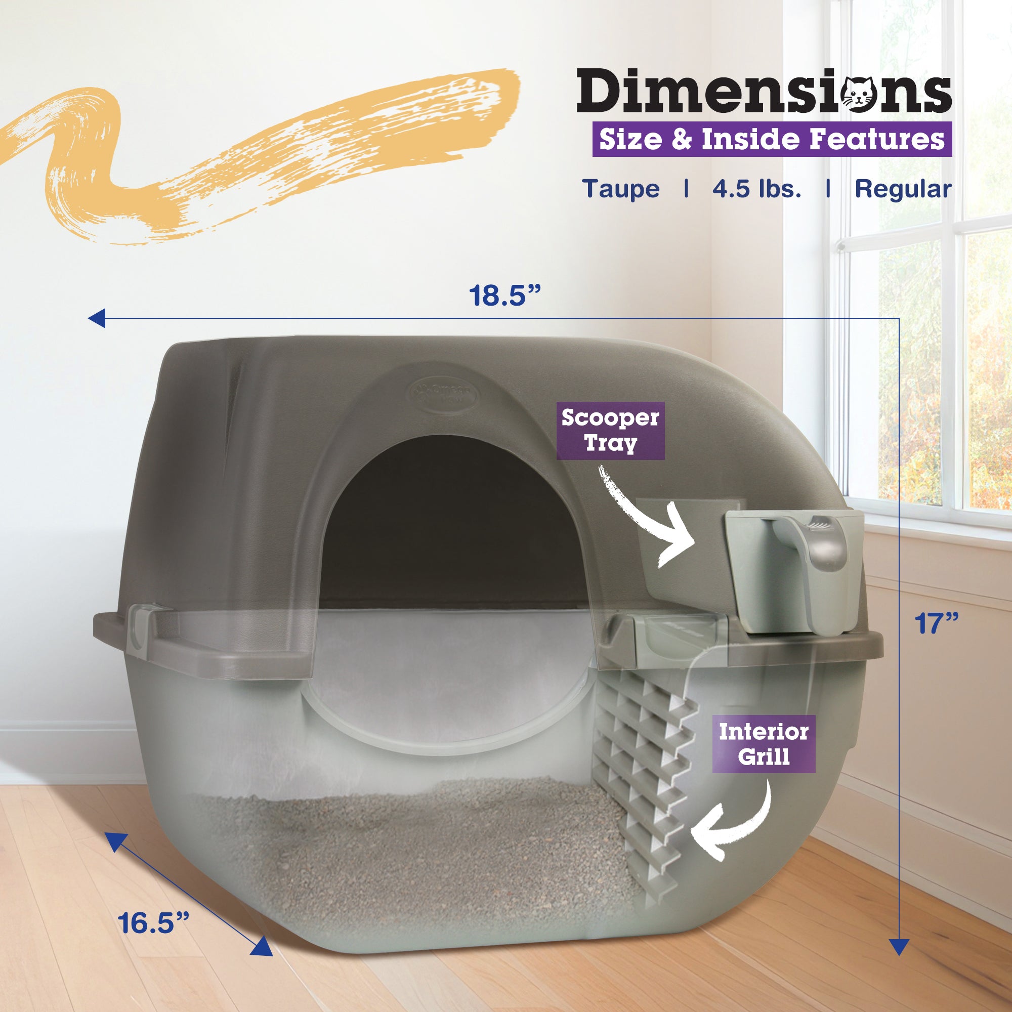 Omega Paw Roll 'n Clean Self Cleaning Cat Litter Box with Tray, Regular, Taupe - VMInnovations