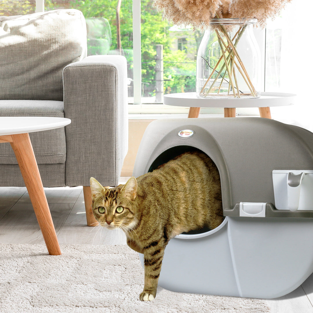 Omega Paw Roll 'n Clean Self Cleaning Cat Litter Box with Tray, Regular, Taupe