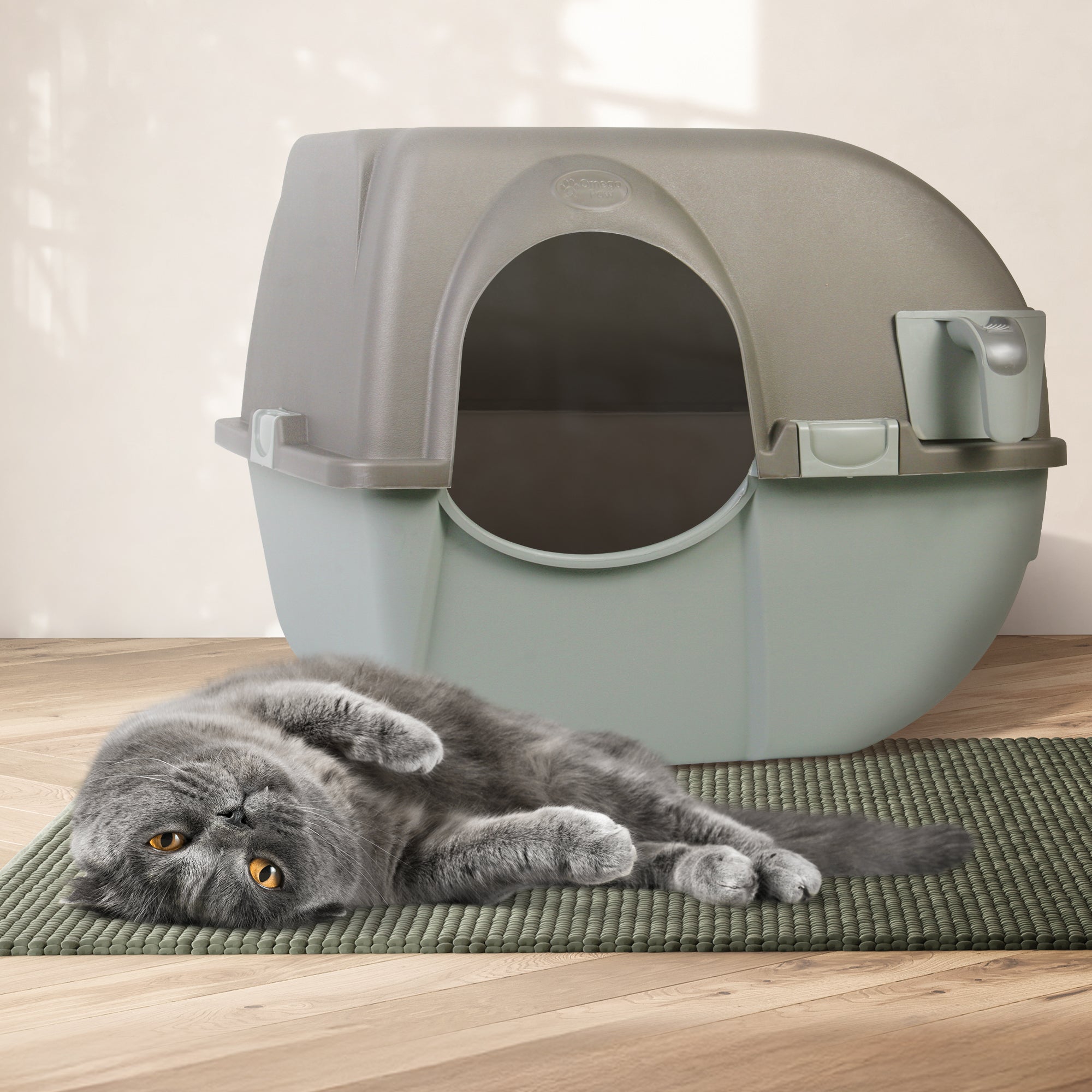 Omega Paw Roll 'n Clean Self Cleaning Cat Litter Box with Tray, Regular, Taupe - VMInnovations
