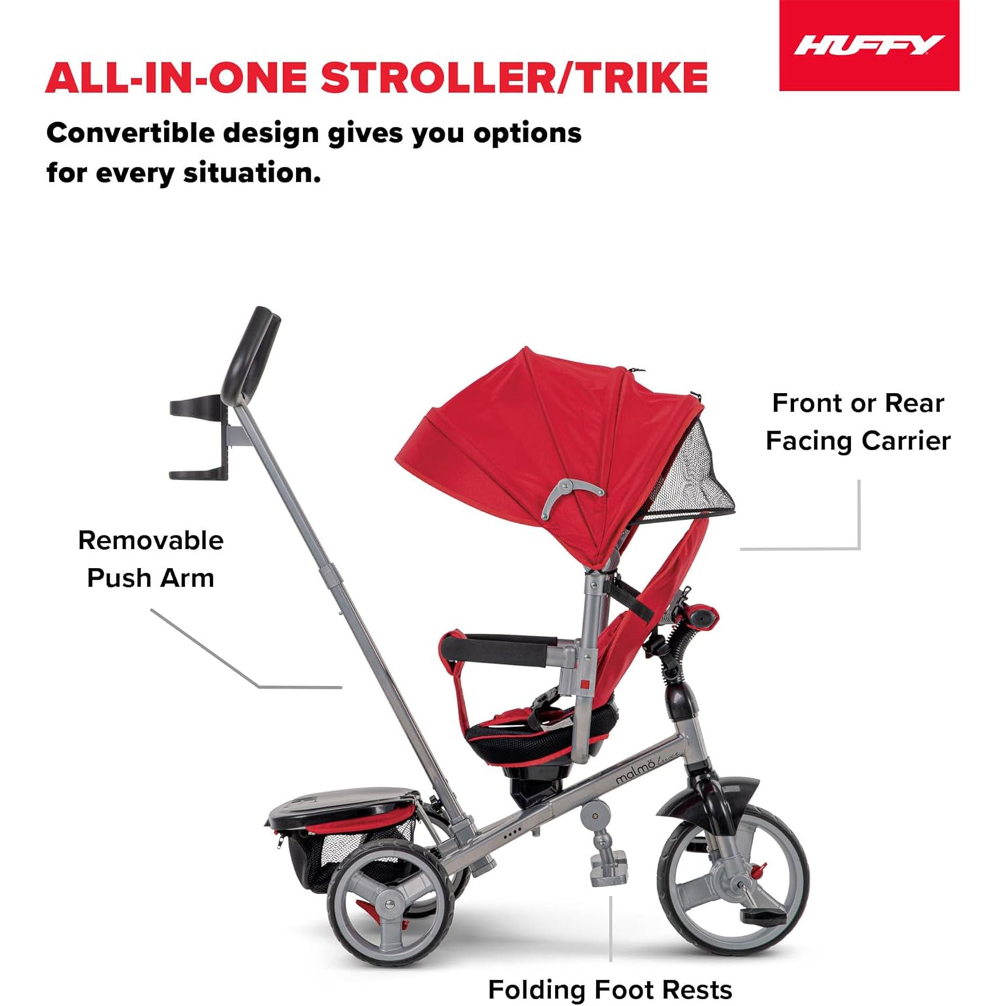 Huffy Malmo Luxe 4 in 1 Canopy Tricycle with Push Handle for Toddlers, Red/Black - VMInnovations