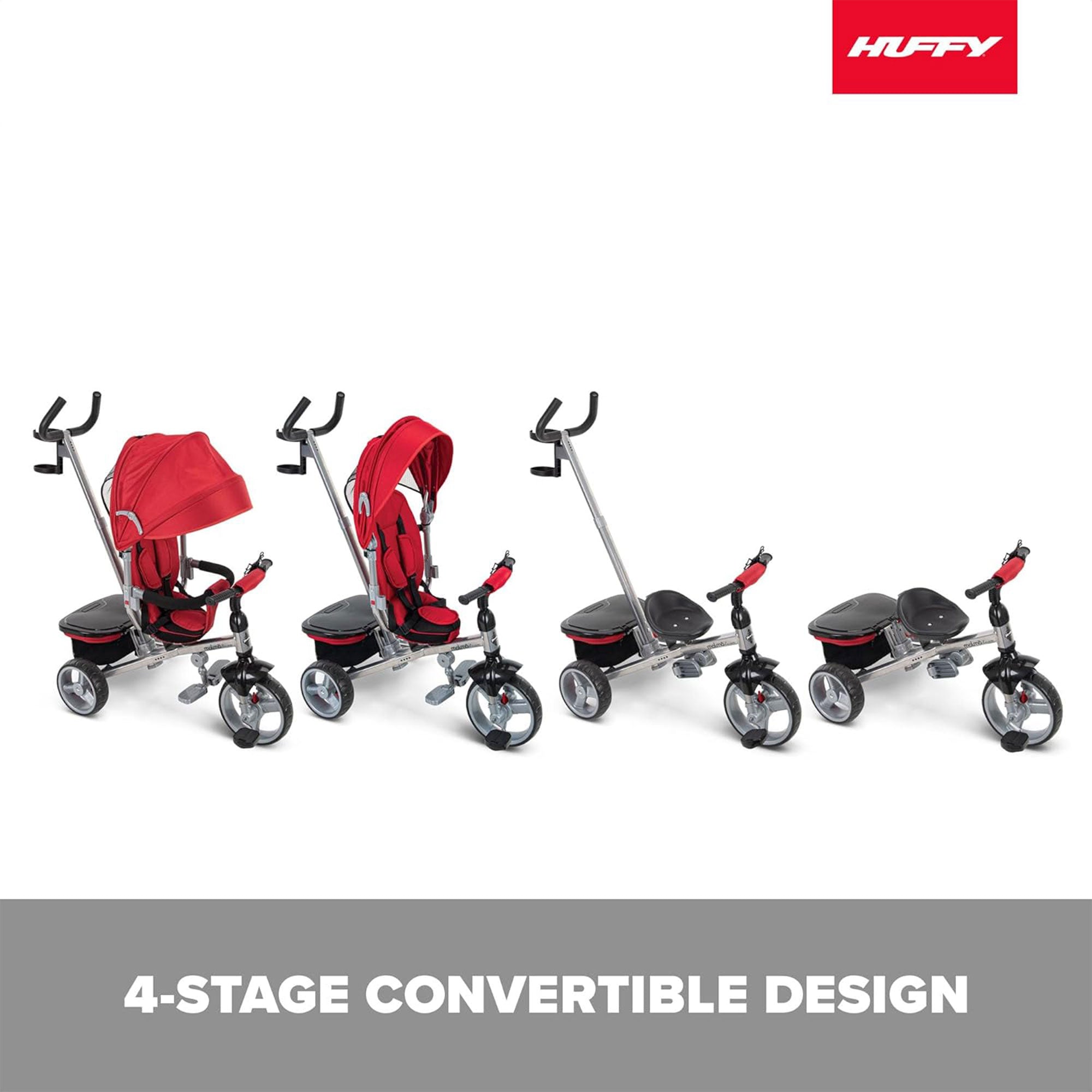 Huffy Malmo Luxe 4 in 1 Canopy Tricycle with Push Handle for Toddlers, Red/Black - VMInnovations