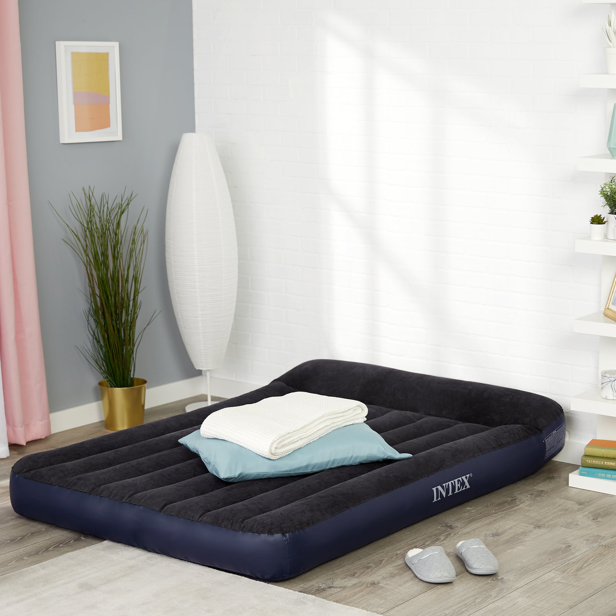 Intex Classic Inflatable Full Air Mattress Bed With Built-In Pillow Rest + Pump