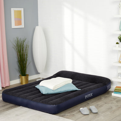 Intex Classic Inflatable Full Air Mattress Bed With Built-In Pillow Rest + Pump